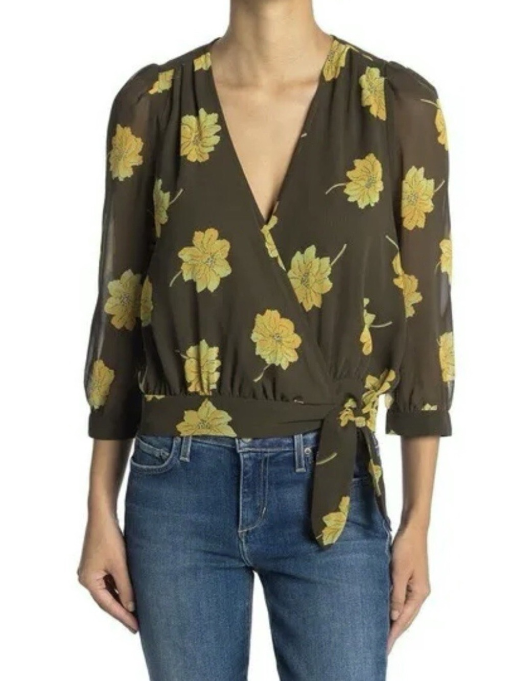 Madewell Effie Floral Woven Wrap Blouse Top in Olive Multi Size S EUC